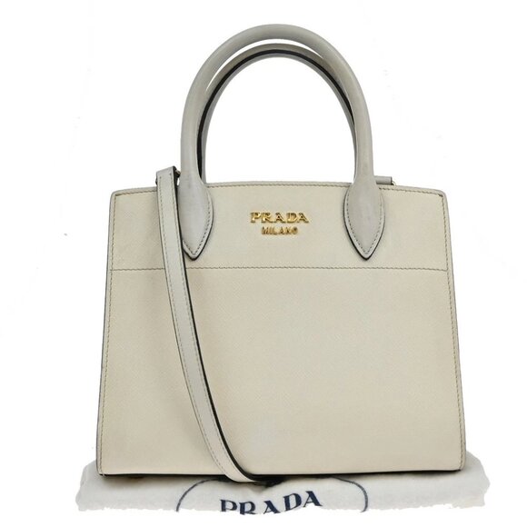 PRADA MILANO Logo 2Way Shoulder Hand Bag Saffiano Leather White GHW 14EF297 - Picture 1 of 16